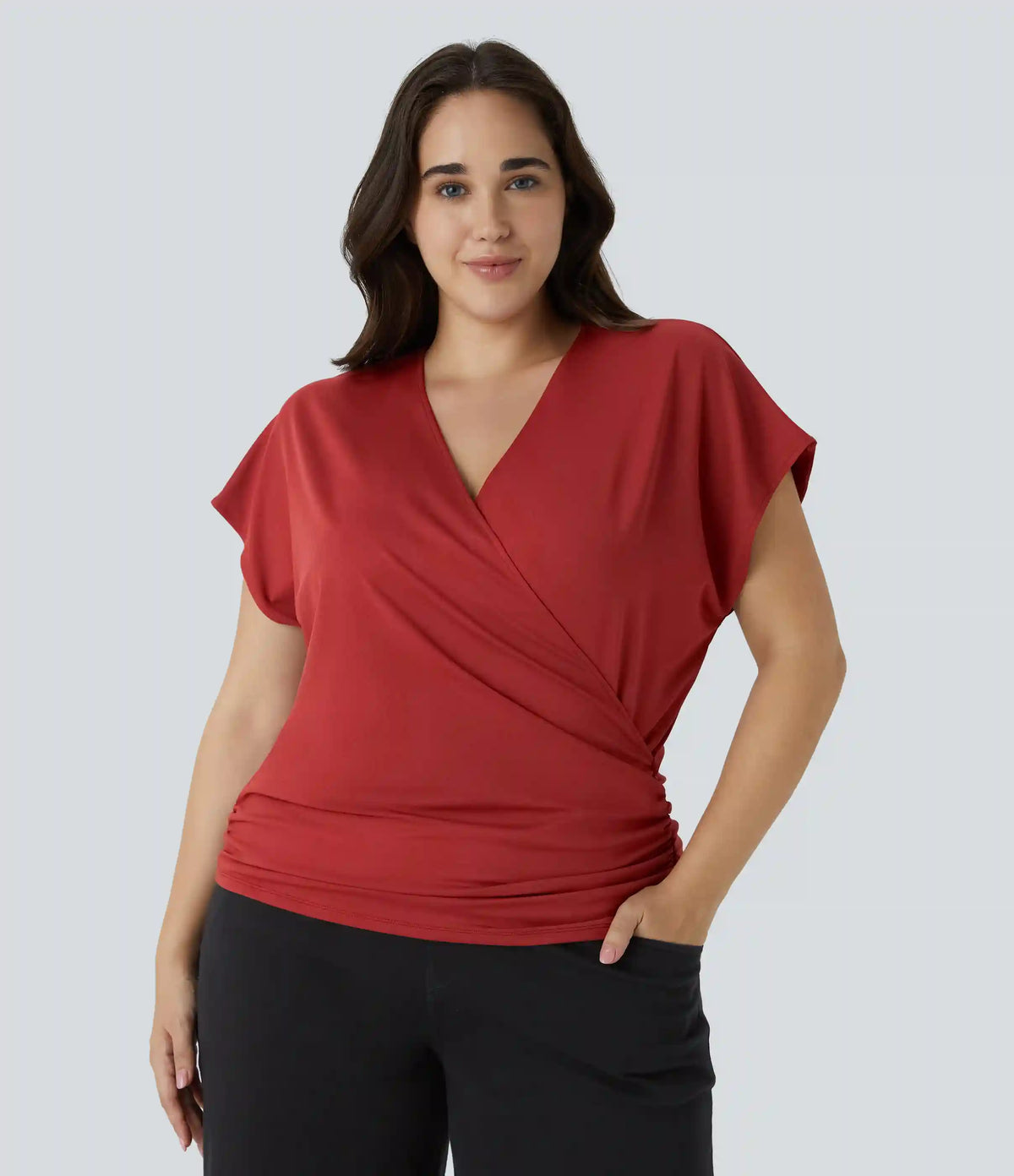 V Neck Cap Sleeve Crossover Ruched Solid Work Plus Size Blouse
