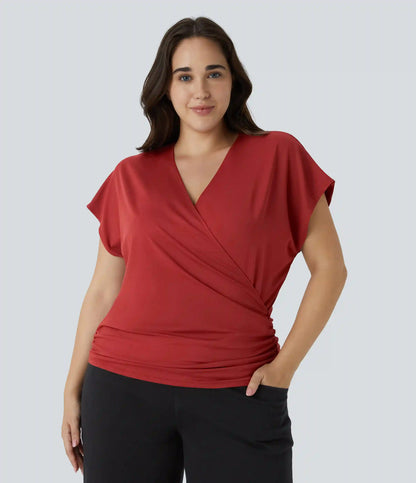 V Neck Cap Sleeve Crossover Ruched Solid Work Plus Size Blouse