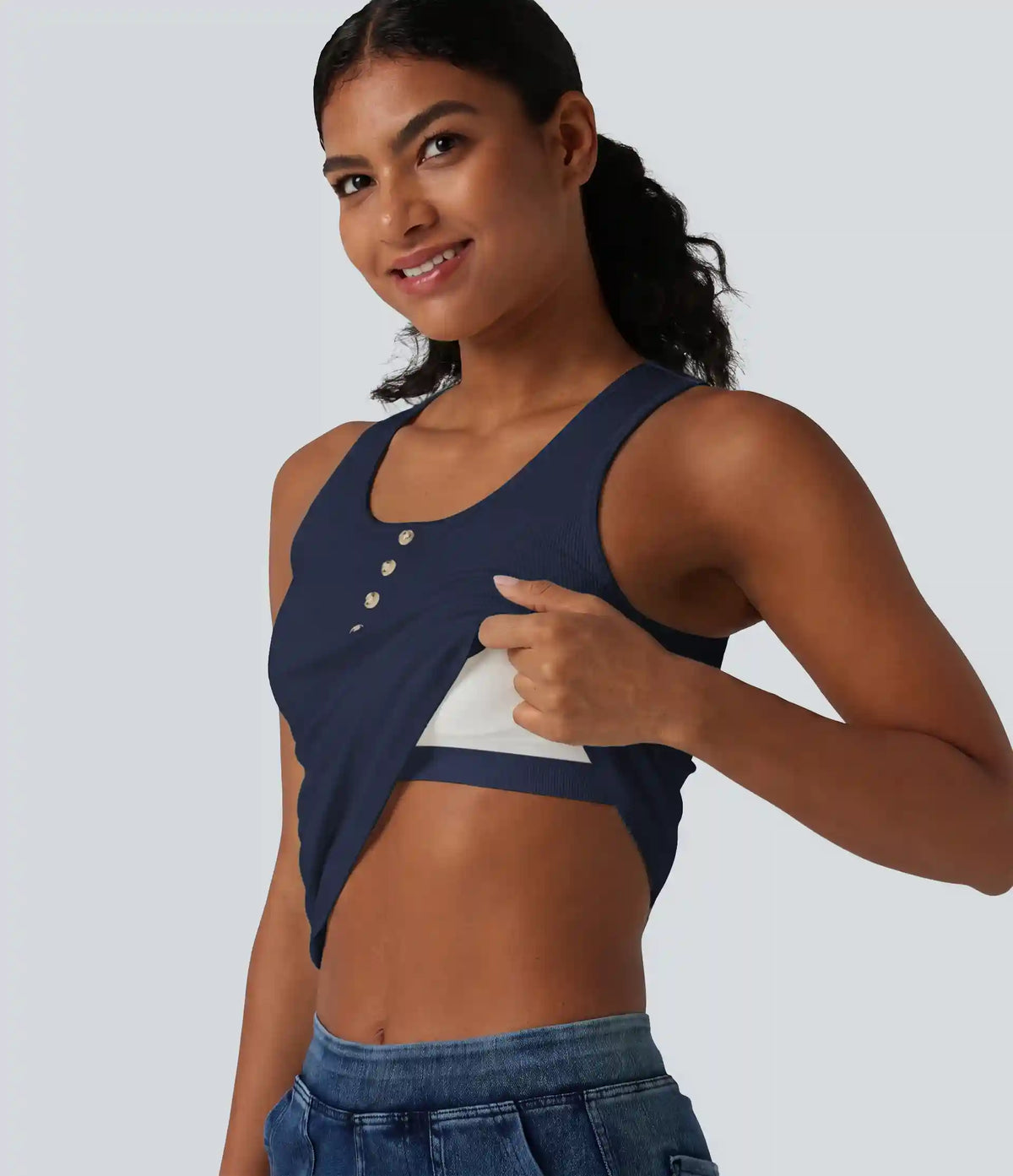 Ribbed Knit Round Neck Built-in Bra Casual Tank Top