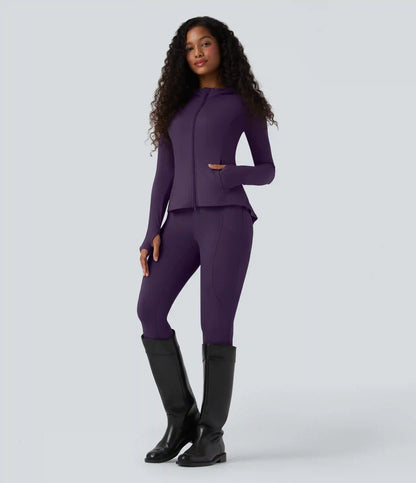 SoftlyZero™ Hooded Long Sleeve Thumb Hole Pleated Jacket with Pockets