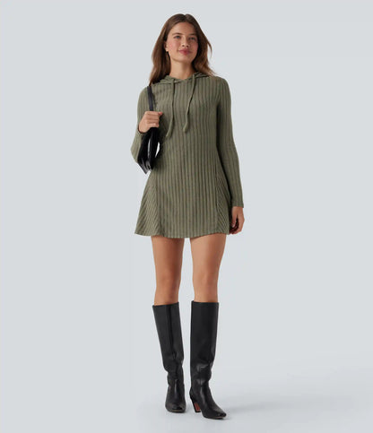 Ribbed Knit Hooded Drawstring Long Sleeve Mini Casual Dress