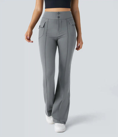 High Waisted Side Flap Pocket Flare Casual Cargo Pants