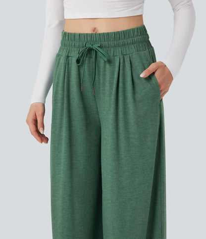 Mid Rise Drawstring Heathered Casual Baggy Pants with Pockets