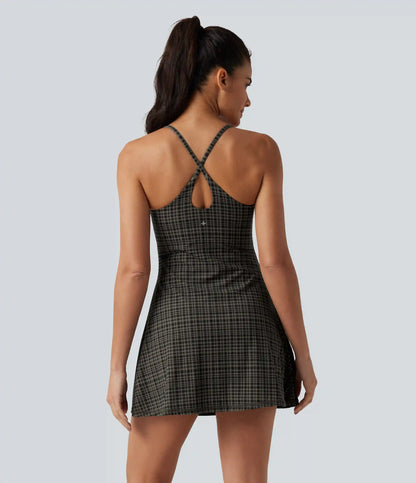 Halara UltraSculpt™ Plaid Print Built-in Bra 2-in-1 Mini Dance Active Dress with Pockets-Easy Peezy Edition