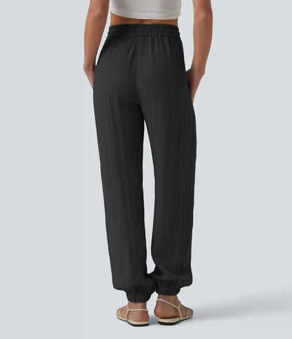 High Waisted Drawstring Wide Leg Casual Linen-Feel Joggers with Pockets