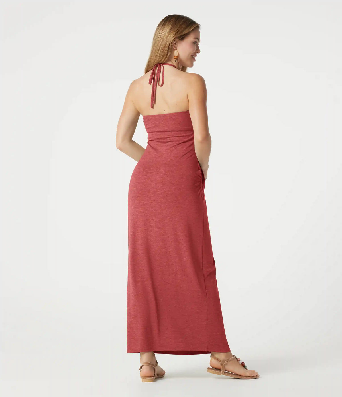 Halter Tie Back Built-in Bra Heathered Maxi Dress with Pockets