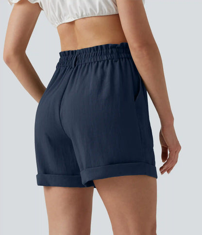 High Waisted Rolled Hem Linen-Feel Resort Shorts 5'' with Pockets