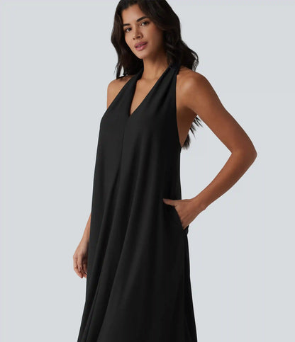 V Neck Midi Casual Dress with Pockets