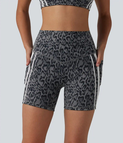Halara UltraSculpt™ Leopard Print High Waisted Tummy Control Color Block Stripe Training Biker Shorts 5'' with Pockets