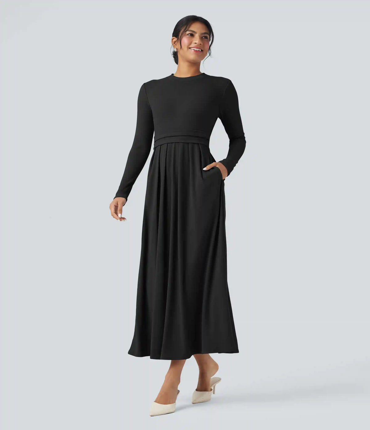 Mock-neck Long Sleeve A-line Casual Maxi Dress with Pockets