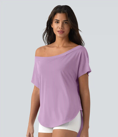 One Shoulder Short Sleeve Curved Hem High Low Quick Dry Yoga Sports Top-Built-in Bra