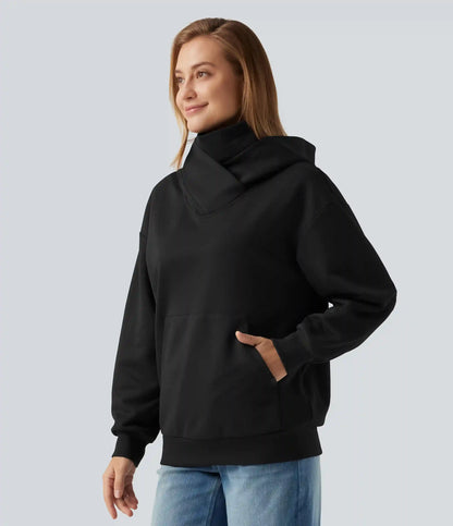 Hooded Crossover Dropped Long Sleeve Fleece Casual Sweatshirt with Pocket