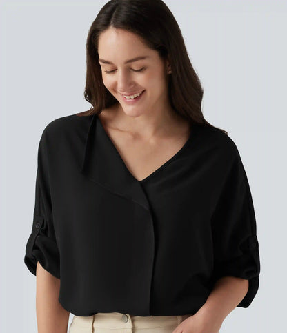 V Neck Long Sleeve Asymmetric Relaxed Work Blouse