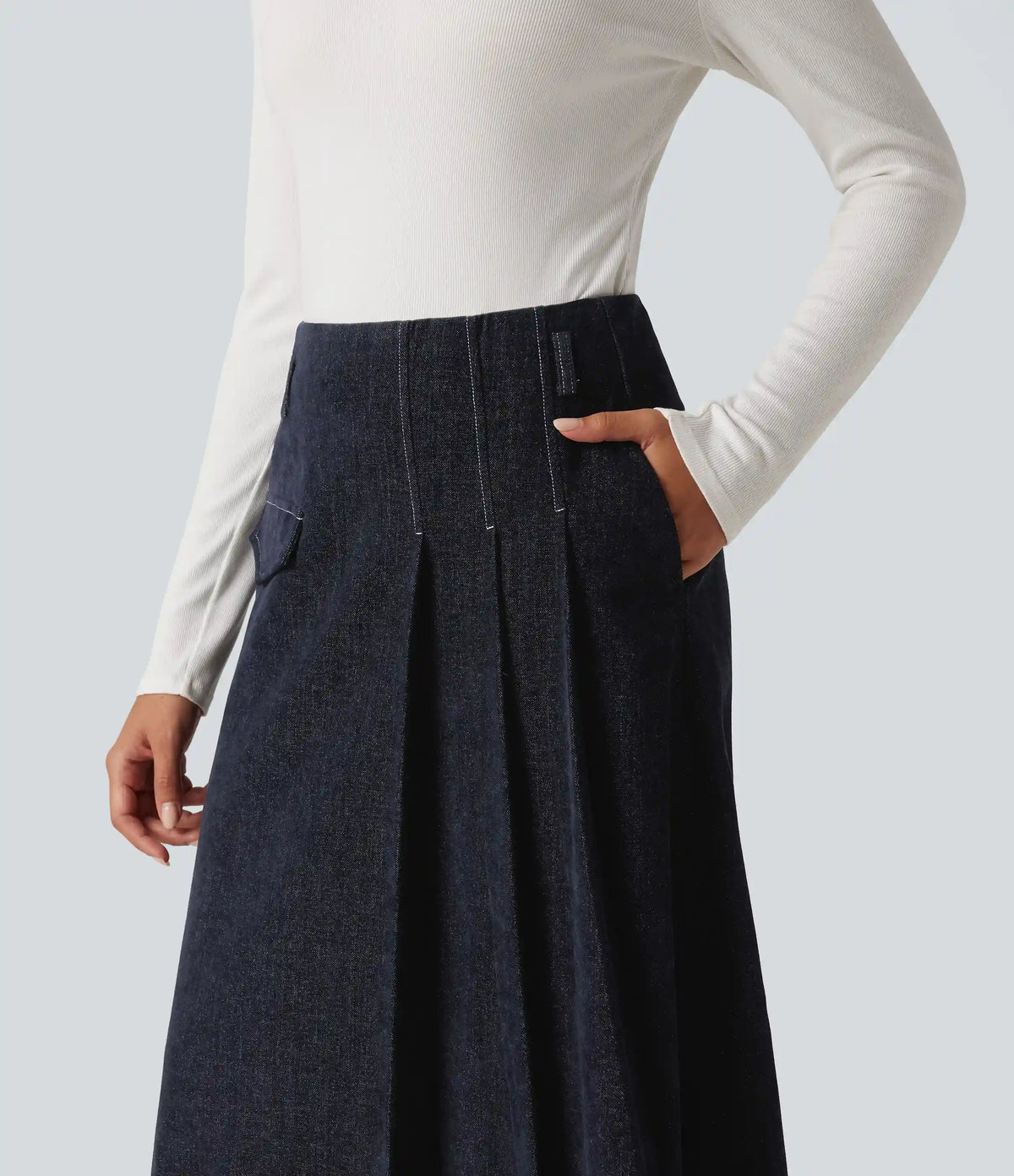 High Waisted A Line Midi Work Skirt with Pockets