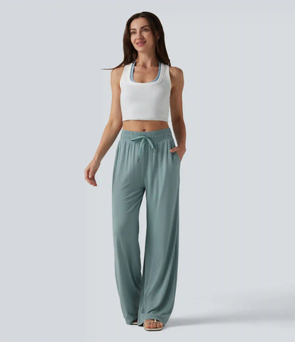 Mid Rise Drawstring Casual Baggy Pants with Pockets