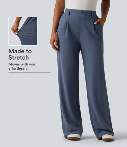 High Waisted Wide Leg Waffle Work Pants with Pockets