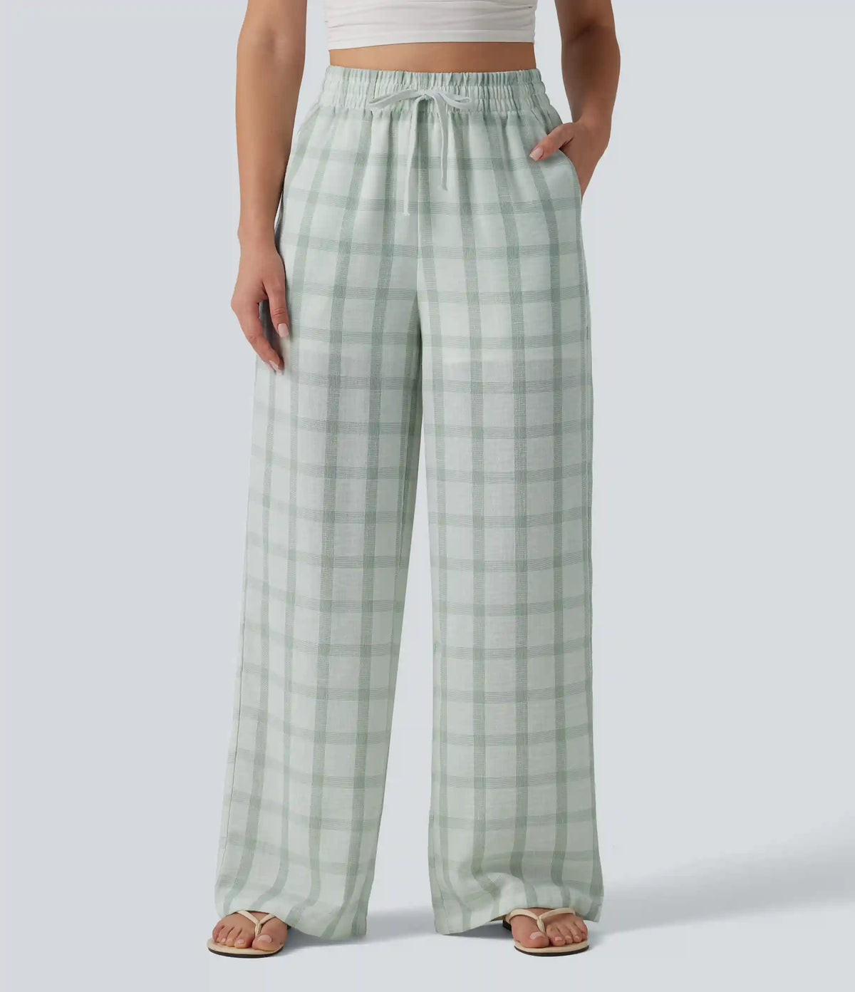 High Waisted Drawstring Plaid Linen-Feel Casual Baggy Pants with Pockets