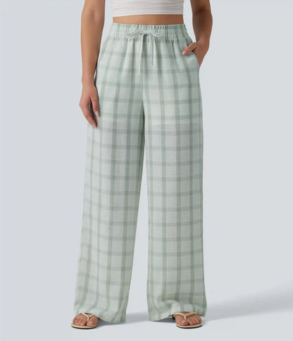 High Waisted Drawstring Plaid Linen-Feel Casual Baggy Pants with Pockets