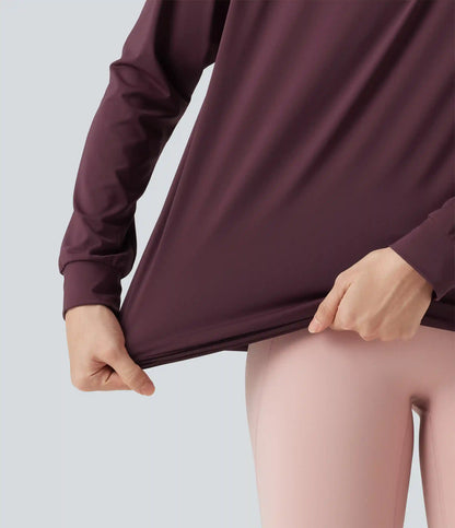 Round Neck Long Sleeve Ruched InstantCool Yoga Sports Top-Longer Length-UPF50+