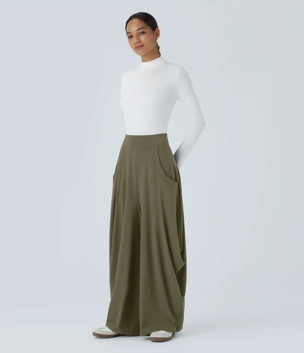 Mid Rise Pockets Draped Wide Leg Baggy Casual Pants