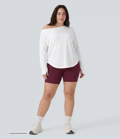 Plus Size One Shoulder Long Sleeve Thumb Hole Curved Hem High Low Quick Dry Yoga Sports Top