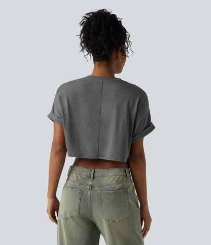 Round Neck Short Sleeve Relaxed Cropped Heathered Casual T-Shirt with Pocket