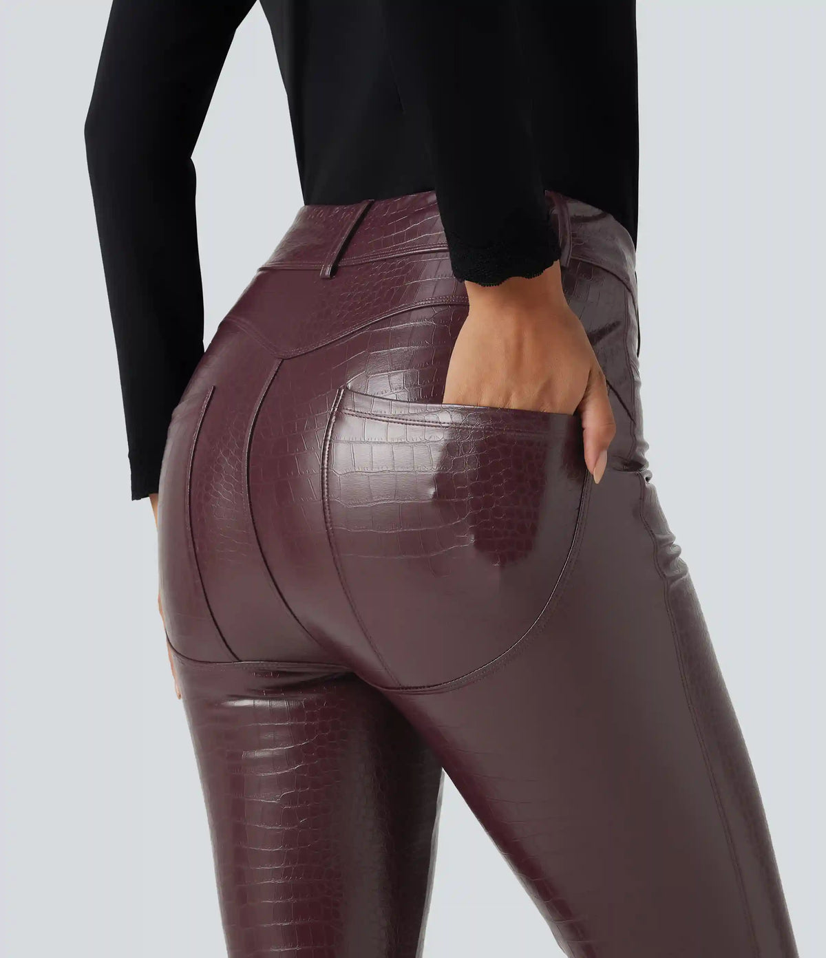 High Waisted Snakeskin Print Stretchy PU Fleece Casual Leggings with Pockets