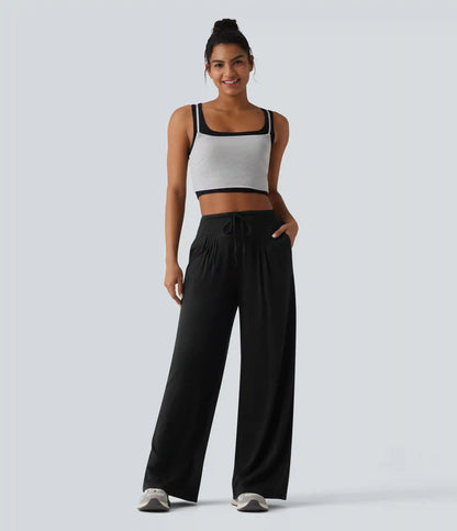 High Waisted Drawstring Pleated Heathered Casual Baggy Pants with Pockets