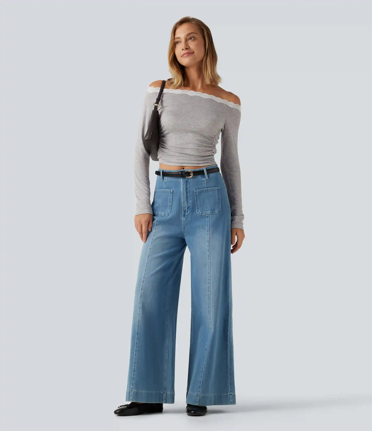 Ribbed Off Shoulder Long Sleeve Ruched Contrast Lace Casual Top