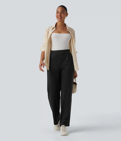 High Waisted Stripes Work Wide Leg Pants with Pockets