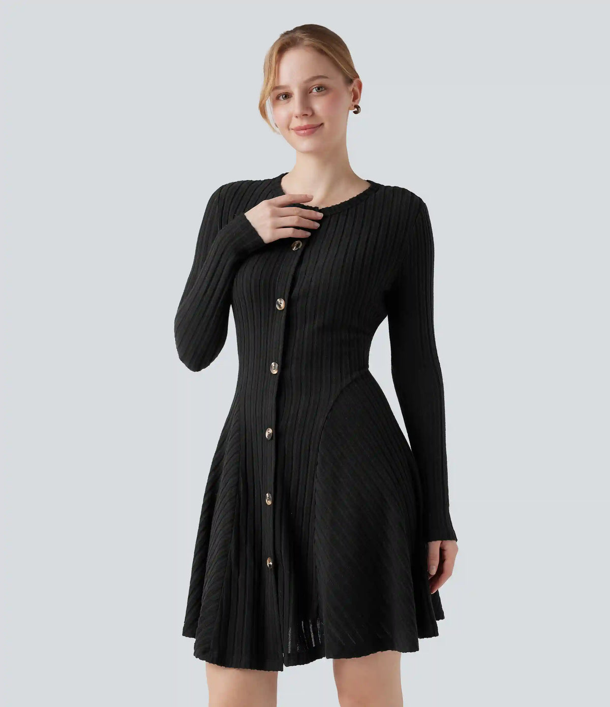 Ribbed Knit Round Neck Long Sleeve Flare Mini Casual Dress