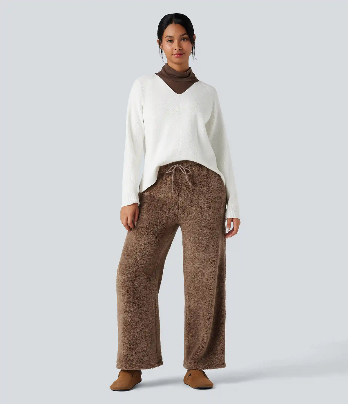 Mid Rise Drawstring Teddy Straight Leg Casual Pants with Pockets