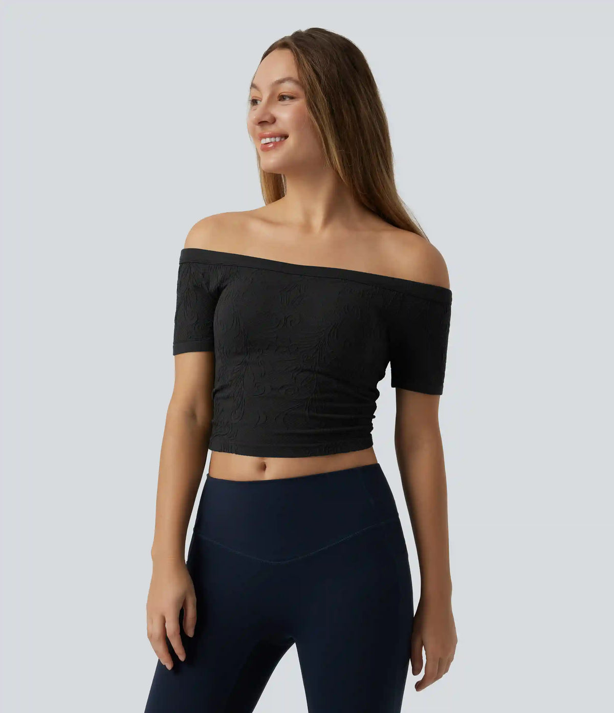 OneForm Seamless Flow Off Shoulder Short Sleeve Built-in Bra Cropped Yoga Sports Top