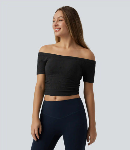 OneForm Seamless Flow Off Shoulder Short Sleeve Built-in Bra Cropped Yoga Sports Top