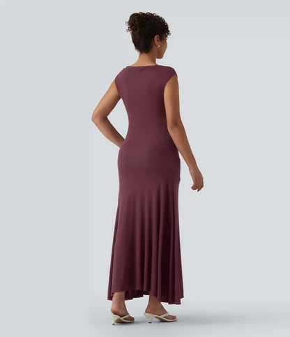 Ribbed Cowl Neck Sleeveless Maxi Casual Dress