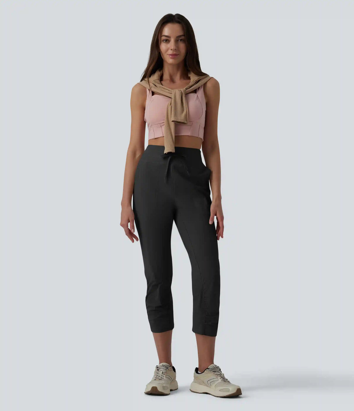High Waisted Drawstring Ruched Running Cropped Joggers with Pockets