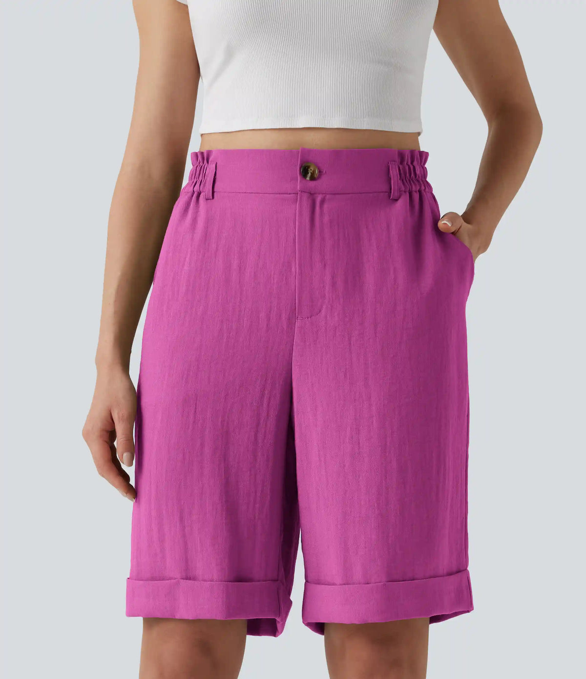 High Waisted Rolled Hem Linen-Feel Resort Bermuda Shorts 10'' with Pockets