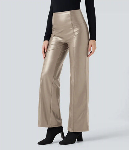 High Waisted Tummy Control Stretchy PU Fleece Casual Flare Pants with Pockets