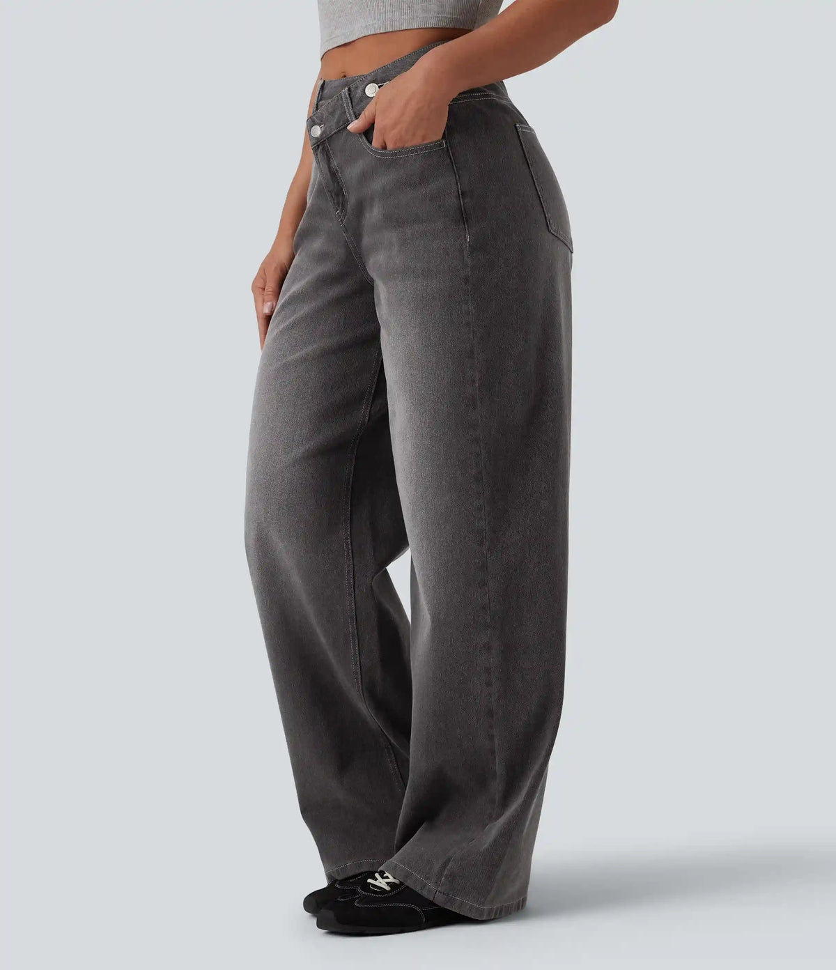 Halara Flex™ Asymmetric High Waisted Washed Casual Baggy Jeans with Pockets