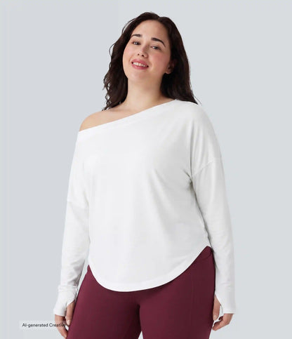 Plus Size One Shoulder Long Sleeve Thumb Hole Curved Hem High Low Quick Dry Yoga Sports Top