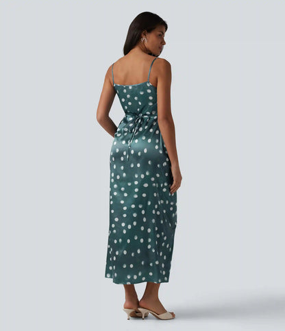 Invisible Zipper Ruched Tie-back Polka Dot Satin Maxi Bridesmaid And Wedding Guest Slip Dress