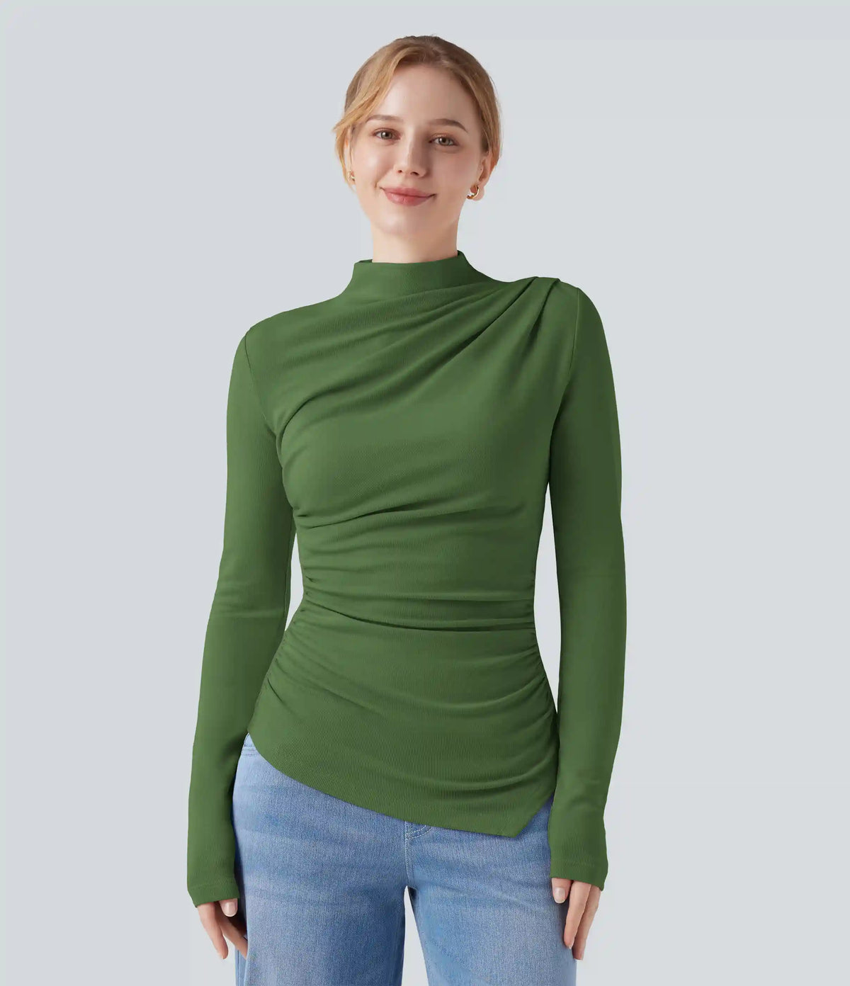 Mock-neck Long Sleeve Ruched Asymmetric Hem Thermal Casual Top