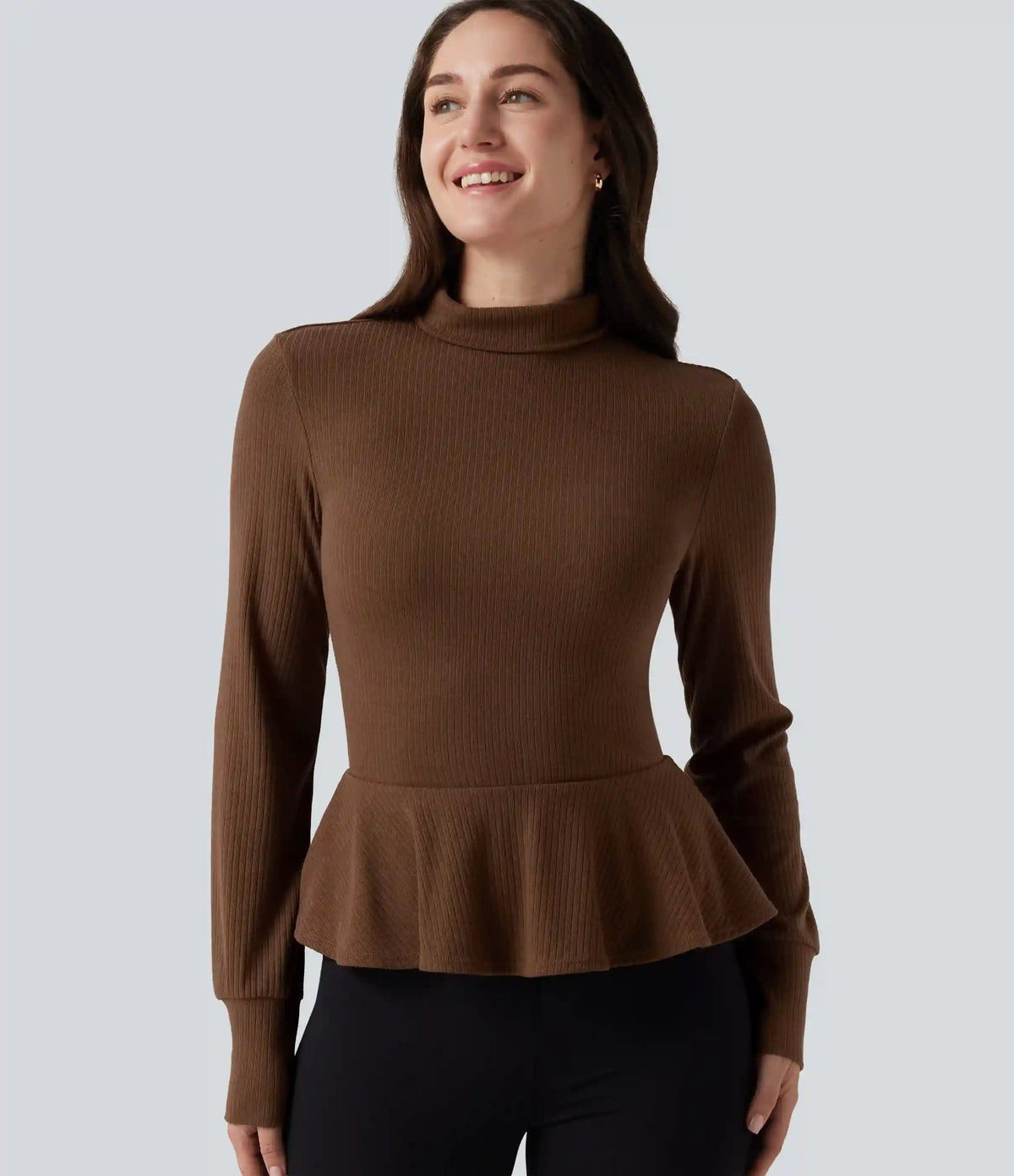 Ribbed Knit Mock Neck Long Sleeve Slim Ruffle Hem Casual Top
