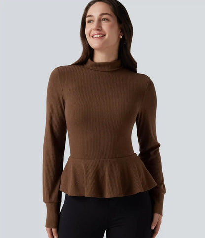 Ribbed Knit Mock Neck Long Sleeve Slim Ruffle Hem Casual Top