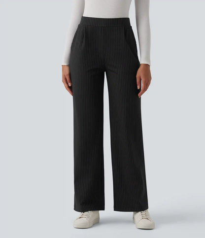 High Waisted Stripes Work Wide Leg Pants with Pockets
