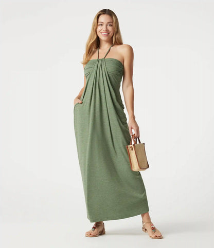 Halter Tie Back Built-in Bra Heathered Maxi Dress with Pockets