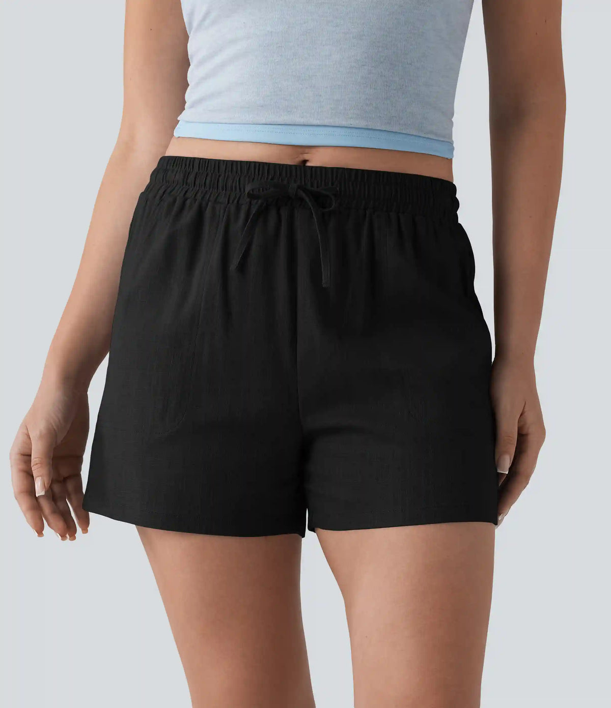 Mid Rise Drawstring Casual Linen Shorts with Pockets