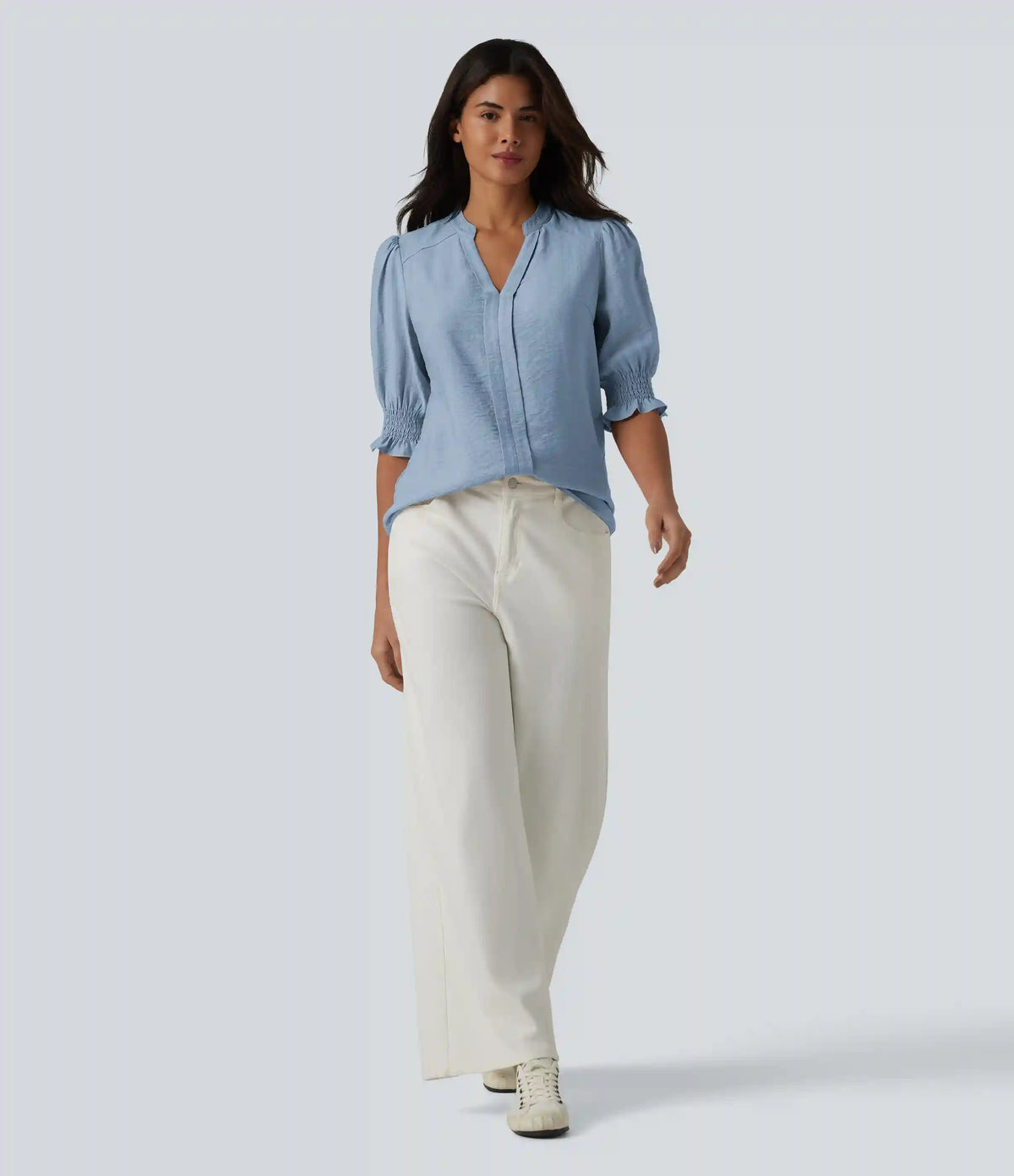 V Neck Puff Short Sleeve Casual Blouse