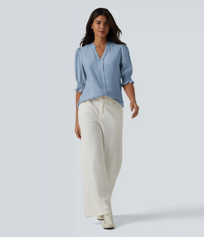 V Neck Puff Short Sleeve Casual Blouse