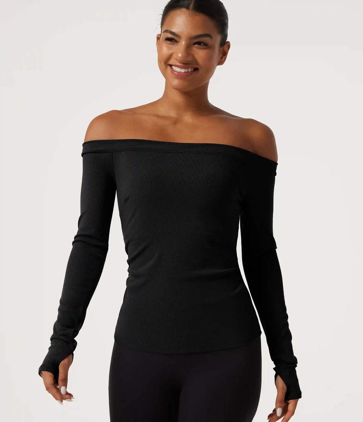Ribbed Knit Off Shoulder Long Sleeve Thumb Hole Built-in Bra Yoga Sports Top